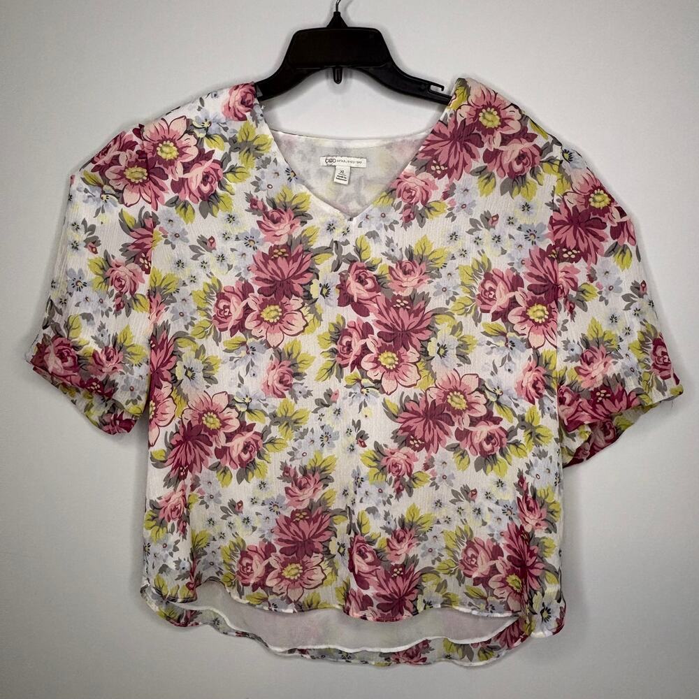 Cato XL Floral Sheer Puff Sleeve Blouse Pink White Cottagecore